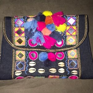 ASOS | denim and Pom Pom clutch